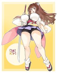  1girl bike_shorts breasts brown_hair character_request copyright_request highres japanese_clothes katana large_breasts older ponytail sachito solo sword weapon 