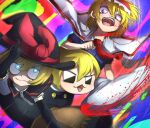  3girls absurdres alice_margatroid bangs black_capelet black_eyes black_gloves black_headwear black_skirt black_vest blonde_hair blood blue_dress blue_eyes bow capelet closed_mouth commentary_request cookie_(touhou) cowboy_shot dress elbow_gloves gloves hat hat_bow highres ichigo_(cookie) kirisame_marisa long_hair looking_at_another meguru_(cookie) multicolored multicolored_background multiple_girls necktie niwarhythm open_mouth red_bow red_neckwear short_hair skirt sleeves_past_fingers sleeves_past_wrists slit_throat smile touhou vest white_capelet witch_hat yuuhi_(cookie) 