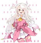  1girl breasts dress earrings fate/kaleid_liner_prisma_illya fate_(series) gloves illyasviel_von_einzbern jewelry magical_girl open_mouth pink_dress red_eyes ribbon sachito small_breasts solo white_hair 