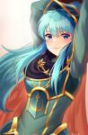  1girl absurdres aqua_eyes aqua_hair armor arms_up artist_name bangs blush breastplate cape closed_mouth cosplay doiparuni eirika_(fire_emblem) ephraim_(fire_emblem) ephraim_(fire_emblem)_(cosplay) eyebrows_visible_through_hair fire_emblem fire_emblem:_the_sacred_stones fire_emblem_heroes hair_between_eyes highres long_hair long_sleeves looking_at_viewer official_alternate_costume ponytail shoulder_armor sidelocks smile solo very_long_hair white_background 