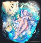  2girls bangs blue_eyes bracelet breasts closed_mouth green_hair hardcore_leveling_warrior hero_cantare jewelry koon_maschenny_zahard lime_(hardcore_leveling_warrior) long_hair looking_at_viewer lying medium_breasts monster_girl multiple_girls navel necklace official_art on_back one-piece_swimsuit silver_hair simple_background slime_(creature) slime_girl smile splashing swimsuit tower_of_god water yagaaaa yellow_eyes 