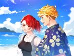  1boy 1girl bangs beach black_tank_top blonde_hair blush clouds couple day earrings genderswap genderswap_(mtf) granblue_fantasy green_eyes hawaiian_shirt jacket jewelry looking_at_another looking_at_viewer open_clothes open_jacket open_mouth outdoors percival_(granblue_fantasy) ponytail red_eyes redhead satoimo_sanda see-through see-through_jacket shirt short_hair sky smile tank_top tied_hair undercut upper_body vane_(granblue_fantasy) 