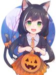  1girl animal_ear_fluff animal_ears bangs black_hair bow bucket cat_ears cat_tail child collared_shirt commentary_request cowboy_shot eyebrows_visible_through_hair fangs green_eyes halloween_bucket highres holding holding_bucket karyl_(princess_connect!) long_hair looking_at_viewer low_twintails multicolored_hair necktie open_mouth orange_skirt pleated_skirt princess_connect! puffy_short_sleeves puffy_sleeves shirt short_sleeves skirt smile solo streaked_hair tail tail_bow tail_ornament twintails yako_noir younger 