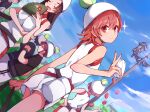  2girls bare_shoulders black_hair breasts brown_eyes brown_hair canister closed_eyes closed_mouth clouds festival foliage gym_uniform hand_fan head_tilt helmet highres holding holding_fan kongou_mitsuko lamppost large_breasts long_hair looking_at_viewer looking_back misaka_mikoto multiple_girls nanaheibei_3 paper_balloon paper_fan park people shorts sky small_breasts sparkle standing tank_top telekinesis toaru_kagaku_no_railgun toaru_majutsu_no_index v white_shorts white_tank_top 