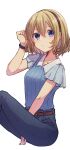  1girl alice_margatroid alternate_costume aoi_(annbi) black_pants blonde_hair blue_eyes blue_shirt closed_mouth collarbone collared_shirt hair_between_eyes hairband highres pants red_hairband shirt short_hair short_sleeves simple_background solo touhou white_background 
