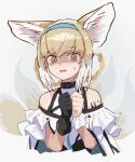  1girl absurdres animal_ears arknights bangs black_gloves blue_hairband disgust drawdrawdeimos eyebrows_visible_through_hair fox_ears fox_girl gloves hair_rings hairband highres infection_monitor_(arknights) oripathy_lesion_(arknights) shaded_face simple_background single_glove solo suzuran_(arknights) upper_body white_background 