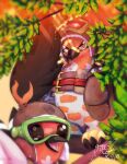  beak bird blurry brown_bag closed_mouth commentary dated english_commentary fletchling ginja_k_ninja goggles leaf looking_at_viewer open_mouth pokemon pokemon_(game) pokemon_unite pouch signature talonflame talons tongue tree 