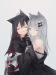  0_(znanimo) 2girls =_= absurdres ahoge animal_ears arknights black_jacket blue_eyes closed_eyes ear_piercing fang grey_hair hair_between_eyes hair_ornament hairclip highres hug jacket lappland_(arknights) long_hair looking_at_viewer multiple_girls off_shoulder one_eye_closed open_clothes open_jacket piercing pouch shirt simple_background skin_fang smile split_mouth texas_(arknights) translation_request upper_body white_background white_jacket white_shirt wolf_ears yuri 