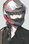  1girl artist_name black_hair black_shirt braid collared_shirt commentary_request covered_mouth grey_background grey_eyes helmet highres looking_at_viewer motorcycle_helmet original pixiv_id shirt simple_background single_braid solo tennohi upper_body 