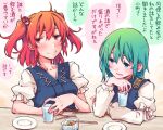  2girls bangs blue_dress blush chopsticks closed_mouth cup dress epaulettes food green_eyes green_hair hair_bobbles hair_ornament holding holding_cup juliet_sleeves kitsune_maru long_sleeves looking_at_another multiple_girls onozuka_komachi open_mouth plate puffy_sleeves red_eyes redhead shiki_eiki short_hair short_sleeves smile speech_bubble touhou translation_request two_side_up upper_body 