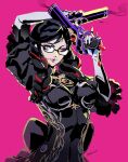  1girl bayonetta bayonetta_(series) bayonetta_3 black_hair braid clothing_cutout datcravat earrings eyeshadow glasses gloves highres jewelry lipstick long_hair looking_at_viewer makeup mole mole_under_mouth multicolored_hair redhead ribbon simple_background smile solo streaked_hair twin_braids weapon 