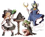  3girls absurdres ascot black_footwear black_skirt blonde_hair blue_skirt blue_vest blush boots braid breasts brown_footwear center_frills character_request detached_sleeves dress english_commentary eyebrows_visible_through_hair frilled_dress frills ghost_tail green_eyes green_hair green_headwear hand_on_hip hat hat_ribbon highres kirisame_marisa large_breasts mefomefo mima_(touhou) multiple_girls open_mouth puffy_short_sleeves puffy_sleeves ribbon shirt short_sleeves simple_background single_braid skirt staff table touhou vest white_background white_shirt witch_hat wrist_cuffs yellow_eyes yellow_neckwear 