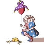  1girl american_flag_dress american_flag_legwear balloon blonde_hair clownpiece disembodied_head english_commentary hat holding holding_balloon it_(stephen_king) jester_cap mefomefo neck_ruff pantyhose parody polka_dot purple_headwear shadow short_sleeves simple_background solo squatting tiptoes touhou white_background 