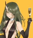  1girl absurdres alcohol alternate_costume arknights bangs bare_shoulders black_dress black_gloves breasts choker collarbone commentary_request cup dress drinking_glass elbow_gloves gloves green_hair grin hair_between_eyes hand_up highres holding holding_cup horns hoshiguma_(arknights) kokushi_shigotoboshuuchuu long_hair looking_at_viewer medium_breasts parted_lips simple_background single_horn smile solo upper_body white_choker wine wine_glass yellow_background yellow_eyes 