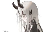  1girl arknights bare_shoulders blood blood_from_mouth blood_on_face broken_horn commentary_request dragon_horns from_side green_eyes highres horns injury long_hair looking_away looking_down messy_hair parted_lips profile reed_(arknights) silver_hair simple_background solo torn_clothes upper_body white_background xuanli_duocai_de_bai 