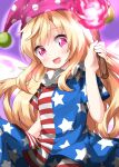  1girl american_flag_legwear american_flag_shirt bangs blonde_hair blue_pants blue_shirt blue_sleeves blush breasts clownpiece eyebrows_visible_through_hair fairy_wings fire hair_between_eyes hand_up hat highres jester_cap long_hair looking_at_viewer medium_breasts multicolored multicolored_clothes multicolored_pants multicolored_shirt one-hour_drawing_challenge open_mouth pants pink_eyes pink_fire pink_headwear polka_dot purple_background red_pants red_shirt red_sleeves ruu_(tksymkw) shirt short_sleeves simple_background sitting smile solo star_(symbol) star_print striped striped_pants striped_shirt torch touhou white_pants white_shirt white_sleeves wings 