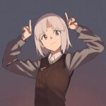  1girl bob_cut brave_witches brown_eyes dark edytha_rossmann faux_traditional_media frown gradient gradient_background hand_gesture hands_up highres horns_pose shiratama_(hockey) short_hair silver_hair solo texture upper_body vest world_witches_series 