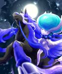  :&lt; blurry calyrex calyrex_(shadow_rider) closed_mouth commentary_request from_below grey_eyes highres legendary_pokemon looking_back moon night ohdon outdoors pokemon pokemon_(creature) riding riding_pokemon sky spectrier watermark 