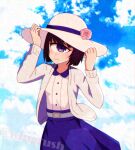  1girl bangs belt blue_eyes blue_skirt blush clouds commentary_request cyclops flower fooring hands_on_headwear hat hat_flower highres jacket manako monster_musume_no_iru_nichijou one-eyed pink_flower pink_rose rose short_hair skirt sky smile solo sun_hat twitter_username white_jacket 