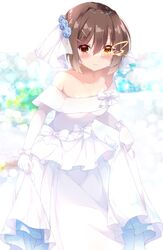  1girl alternate_costume blush breasts brown_eyes brown_hair dress furutaka_(kancolle) fuuna glowing glowing_eye hair_ornament hairclip heterochromia highres kantai_collection medium_breasts short_hair smile solo wedding_dress white_dress yellow_eyes 