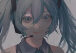  1girl bare_shoulders blue_eyelashes blue_eyes blue_hair blue_neckwear blurry close-up closed_mouth collared_shirt depth_of_field dot_nose eyelashes face grey_background grey_shirt hair_between_eyes happy hatsune_miku headset highres long_hair looking_at_viewer microphone muted_color p2_(uxjzz) shirt sidelocks simple_background sleeveless sleeveless_shirt smile solo tsurime twintails upper_body vocaloid 