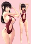  1girl akagi_(kancolle) armpits arms_behind_head arms_up bangs bare_arms bare_legs barefoot blush breasts brown_eyes brown_hair closed_mouth clothing_cutout covered_nipples eyebrows_visible_through_hair full_body hair_between_eyes highleg highleg_swimsuit highres kantai_collection long_hair looking_at_viewer medium_breasts multiple_views navel navel_cutout one-piece_swimsuit pink_background red_swimsuit shiny shiny_hair simple_background smile standing stomach swimsuit toes wa_(genryusui) 