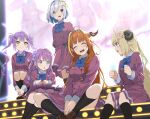  5girls :d :o ^_^ ahoge amane_kanata animal_ears bangs black_legwear blonde_hair blue_bow blue_hair blurry blurry_background bow braid brown_footwear brown_hair brown_jacket brown_skirt clenched_hands closed_eyes closed_mouth collared_shirt curled_horns depth_of_field dragon_girl dragon_horns dragon_tail eyebrows_visible_through_hair green_eyes grey_hair hair_ornament hair_over_one_eye hair_over_shoulder hairclip heterochromia highres himemori_luna hololive horns hugging_own_legs icehotmilktea jacket kiryu_coco kiseki_musubi loafers long_hair matching_outfit multicolored_hair multiple_girls open_mouth pleated_skirt profile purple_hair ringlets sheep_ears sheep_girl sheep_horns shirt shoes short_hair sitting skirt smile socks squatting standing streaked_hair tail tokoyami_towa tsunomaki_watame twintails two-tone_hair very_long_hair violet_eyes virtual_youtuber white_shirt 