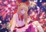  1girl arm_support bangs bare_shoulders blurry blurry_background bottle bow bowtie closed_mouth commentary_request eyebrows_behind_hair feet_out_of_frame fireworks flat_chest gourd hair_between_eyes hair_bow highres holding holding_bottle horn_ornament horn_ribbon horns ibuki_suika knee_up light_blush light_smile long_hair looking_at_viewer majime_joe night night_sky oni_horns orange_eyes purple_ribbon purple_skirt red_bow red_neckwear ribbon shirt skirt sky solo torn_clothes touhou white_shirt wrist_cuffs 