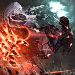  1girl 1other aiming armor black_background black_capelet black_gloves capelet copyright_name dairoku_ryouhei dual_wielding firing flaming_hand frills full_armor gauntlets gloves grey_eyes grey_hair gun handgun hetza_(hellshock) holding long_hair pistol revolver ricocheting upper_body weapon 