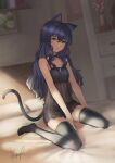  1girl animal_ear_fluff animal_ears bedroom black_collar black_hair black_legwear black_negligee blue_hair bryanth cat_ears cat_girl cat_tail collar collarbone full_body gradient_hair highres indoors long_hair looking_at_viewer multicolored_hair original shiny shiny_hair sitting solo tail thigh-highs very_long_hair wariza yellow_eyes 