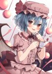  1girl back_bow bangs bat_wings blue_hair blush bow center_frills commentary_request cup eyebrows_visible_through_hair fang fingernails frilled_shirt_collar frills goma_(u_p) grey_background hair_between_eyes hand_up hat hat_ribbon holding holding_cup light_smile looking_at_viewer mob_cap parted_lips pink_headwear pink_ribbon pink_shirt pink_skirt puffy_short_sleeves puffy_sleeves red_bow red_eyes remilia_scarlet ribbon shirt short_hair short_sleeves simple_background skin_fang skirt solo teacup touhou wings 