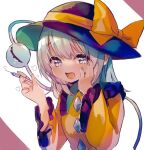  1girl :d \||/ bangs black_headwear blue_eyes bow breasts commentary_request eyebrows_visible_through_hair fingernails frilled_shirt_collar frills hair_between_eyes hand_on_own_cheek hand_on_own_face hand_up hat hat_bow heart holding holding_syringe komeiji_koishi long_hair long_sleeves looking_at_viewer moni_monico open_mouth shirt silver_hair simple_background small_breasts smile solo syringe third_eye touhou upper_body white_background wide_sleeves yellow_bow yellow_shirt 