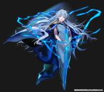  1girl absurdres armor bangs blue_cape blue_dress cape dress electricity energy_sword hands_together high_heels highres holding holding_sword holding_weapon koon_maschenny_zahard leenim long_dress long_hair looking_at_viewer magic official_art open_mouth own_hands_together pauldrons shoulder_armor silver_hair simple_background smile solo sword tower_of_god weapon 