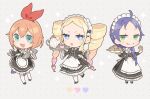  3girls :d :o ahoge alternate_costume bangs beatrice_(re:zero) blonde_hair blue_eyes blush bow_hairband braid chibi commentary_request cup dress drill_hair enmaided eyelashes frills green_eyes hairband holding holding_tray long_hair long_sleeves looking_at_viewer maid maid_headdress meili_portroute multiple_girls open_mouth orange_hair pantyhose parupin petra_leyte re:zero_kara_hajimeru_isekai_seikatsu shoes sidelocks smile symbol-shaped_pupils teacup teapot tray twin_drills twintails white_legwear 