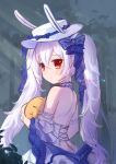  1girl animal_ears arm_strap azur_lane backless_dress backless_outfit bareback blue_ribbon cheshire_(azur_lane) cheshire_(azur_lane)_(cosplay) cheshire_(highness_in_white)_(azur_lane) cosplay dated dress evening_gown fake_animal_ears from_behind hair_between_eyes hair_ribbon hat highres laffey_(azur_lane) layered_dress long_hair manjuu_(azur_lane) official_alternate_costume rabbit_ears red_eyes ribbon solo sun_hat twintails very_long_hair white_dress white_hair white_headwear xiao_shi_lullaby 