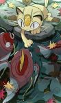  anzu_(01010611) black_eyes cat claws closed_mouth day fangs fish goldeen highres leaf magikarp meowth no_humans outdoors pokemon pokemon_(creature) ripples symbol-only_commentary water 