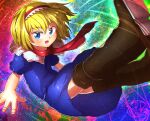  1girl absurdres alice_margatroid bangs blonde_hair blue_dress blue_eyes blush boots brown_footwear capelet commentary_request cookie_(touhou) dress eyebrows_visible_through_hair full_body hair_between_eyes hairband highres ichigo_(cookie) looking_at_viewer multicolored multicolored_background niwarhythm open_mouth puffy_short_sleeves puffy_sleeves red_hairband red_neckwear red_scarf scarf short_hair short_sleeves solo touhou 