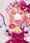  1girl apple ascot bangs blonde_hair blush commentary_request crystal eyebrows_visible_through_hair flandre_scarlet food frilled_shirt_collar frills fruit grey_background hat hat_ribbon heart heart-shaped_pupils jaku_sono looking_at_viewer mob_cap pointy_ears puffy_short_sleeves puffy_sleeves red_eyes red_vest ribbon short_sleeves side_ponytail simple_background solo symbol-shaped_pupils touhou vest wings wrist_cuffs yellow_neckwear 