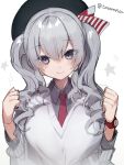  1girl alternate_costume beret black_headwear blue_eyes clenched_hands collared_shirt dress_shirt grey_sweater hat highres kantai_collection kashima_(kancolle) neckerchief one-hour_drawing_challenge picoli1313 red_neckwear shirt sidelocks silver_hair simple_background smile solo sweater twintails twitter_username upper_body wavy_hair white_background 