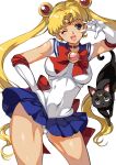  1girl ;d bishoujo_senshi_sailor_moon blonde_hair blue_eyes blue_skirt breasts brooch cat choker commentary_request covered_navel crescent crescent_choker diadem double_bun gloves hand_on_hip highres jewelry large_breasts long_hair looking_to_the_side luna_(sailor_moon) one_eye_closed open_mouth red_choker sailor_moon sailor_senshi_uniform simple_background skirt smile standing tamiya_akito thighs tsukino_usagi twintails v very_long_hair white_background white_gloves 