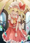  1girl ascot bangs blonde_hair blurry blurry_background blush bow collarbone commentary_request corset crystal drill_hair eyebrows_visible_through_hair feet_out_of_frame flandre_scarlet hair_between_eyes hand_on_own_cheek hand_on_own_face hand_up hat hat_bow head_tilt highres indoors iyo_(ya_na_kanji) light_particles looking_at_viewer mob_cap one_side_up parted_lips petticoat puffy_short_sleeves puffy_sleeves red_bow red_eyes red_skirt red_vest short_hair short_sleeves skirt smile solo standing touhou vest white_bow white_headwear window wing_collar wings wrist_cuffs yellow_neckwear 
