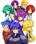  1980s_(style) 4boys 4girls amia_amirski anne_saga armor bandana blonde_hair blue_eyes blue_hair cape choker commentary_request eusis_landale everyone fantasy green_hair highres huey_reane jumpsuit kainz_ji_an long_hair looking_at_viewer multiple_boys multiple_girls mutant nei phantasy_star phantasy_star_ii pointy_ears purple_hair red_eyes redhead retro_artstyle rudger_steiner sakurajyousui_nami scarf science_fiction serious shilka_levinia short_hair simple_background uniform upper_body 