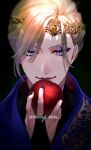  1boy apple bangs blonde_hair bridal_gauntlets closed_mouth crown english_text eyeshadow food fruit highres holding holding_food holding_fruit looking_at_viewer makeup male_focus naaaaa_no3 nail_polish purple_nails purple_robe red_apple robe short_hair smile solo twisted_wonderland upper_body vil_schoenheit violet_eyes 