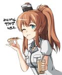 1girl blue_eyes breast_pocket brown_hair bubble_tea character_name dated dress eating food green_eyes hair_between_eyes kantai_collection long_hair monsuu_(hoffman) one-hour_drawing_challenge one_eye_closed pizza pocket ponytail remodel_(kantai_collection) saratoga_(kancolle) side_ponytail sidelocks simple_background smokestack smokestack_hair_ornament solo upper_body white_background white_dress 
