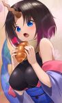  1girl :o absurdres ahoge bangs bare_shoulders black_hair blue_eyes blush breasts croissant detached_sleeves elma_(maidragon) eyebrows_visible_through_hair fang food gradient gradient_background gradient_hair heart highres holding holding_food jsih kobayashi-san_chi_no_maidragon large_breasts lens_flare long_sleeves multicolored_hair obi open_mouth orange_background parted_bangs purple_hair sash short_hair solo tail taut_clothes upper_body 