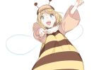  1girl arm_up bee_costume blonde_hair blue_eyes blush brown_headwear brown_shirt deerstalker eyebrows_visible_through_hair fake_antennae fake_wings hat hololive hololive_english medium_hair open_mouth pako pointing pointing_at_viewer shirt simple_background solo teeth virtual_youtuber watson_amelia white_background wide_sleeves wings 