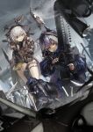  2girls absurdres animal_ears arknights bangs blue_jacket brown_eyes commentary_request dora_waku2 dutch_angle glaucus_(arknights) highres jacket long_hair long_sleeves multiple_girls silver_hair thigh_strap thighs weedy_(arknights) 