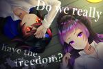  2girls akane_(akanetgms) bangs black_hair blue_hair collarbone commentary_request dress_shirt edo_lena english_text hanjo_tv indie_virtual_youtuber kimino_miya long_hair lying lyrics multiple_girls number_tattoo on_back open_collar purple_hair red_eyes redhead shirt tattoo violet_eyes virtual_youtuber white_shirt wooden_floor yakusoku_no_neverland 