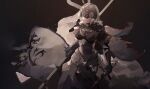  1girl ahoge armor armored_dress banner breasts chain fate/grand_order fate_(series) flag fur_trim gauntlets headpiece highres holding holding_sword holding_weapon jeanne_d&#039;arc_(alter)_(fate) jeanne_d&#039;arc_(fate) large_breasts plackart same_(sendai623) short_hair silver_hair solo sword weapon yellow_eyes 