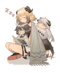  3girls absurdres ahoge arknights black_choker black_footwear black_shirt black_skirt blanket book brown_hair chibi chinese_commentary choker closed_eyes coat commentary_request dragon_girl dragon_horns dragon_tail grey_hair highres holding holding_book horns ifrit_(arknights) indian_style long_hair multiple_girls orange_eyes reading rin_lingsong saria_(arknights) semi-rimless_eyewear shirt short_hair short_twintails silence_(arknights) simple_background sitting skirt sleeping tail twintails under-rim_eyewear white_background white_coat yellow_eyes younger zzz 